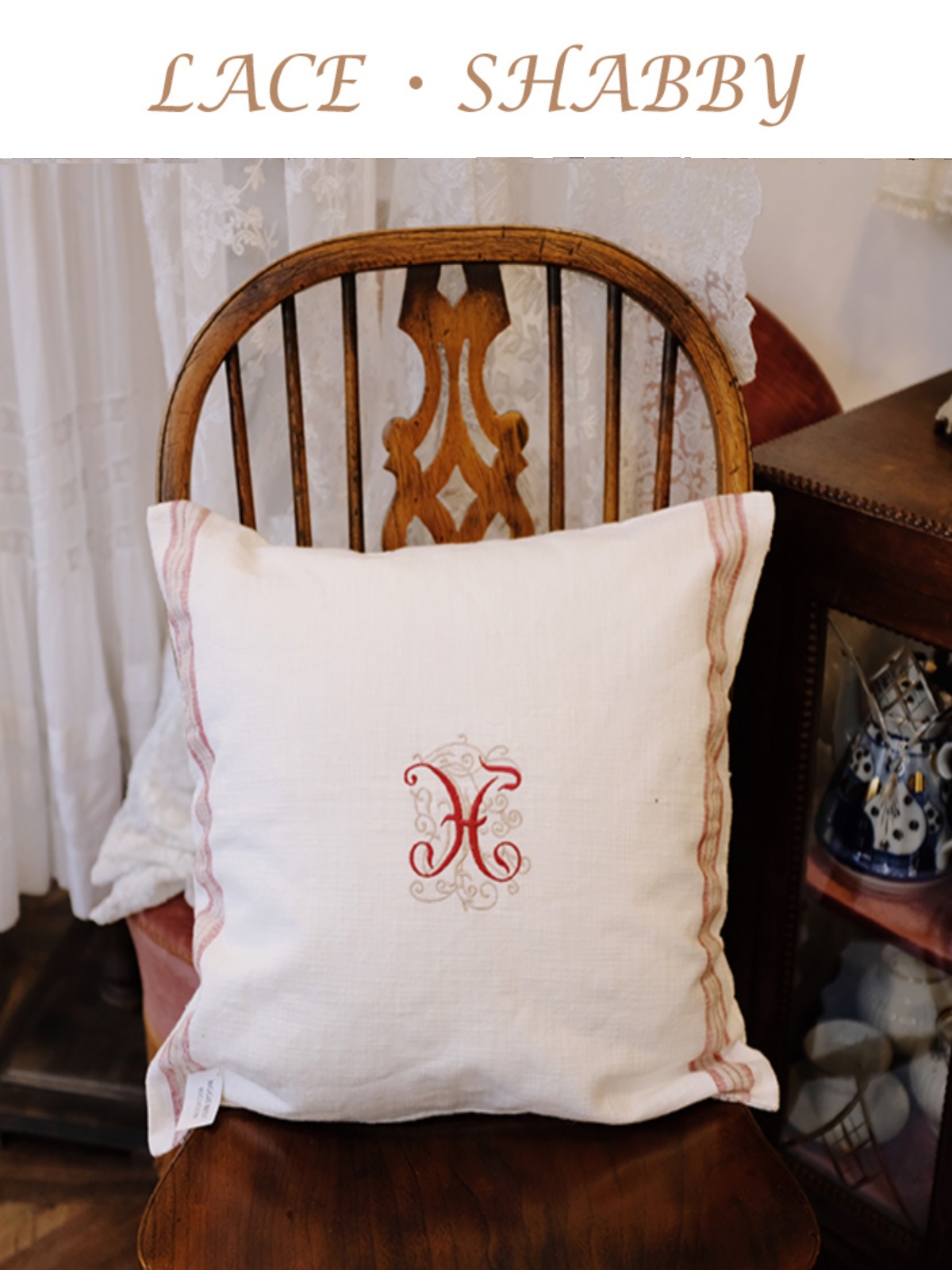 中式風格水洗竹節棉麻刺繡抱枕 午睡裝飾客廳靠墊