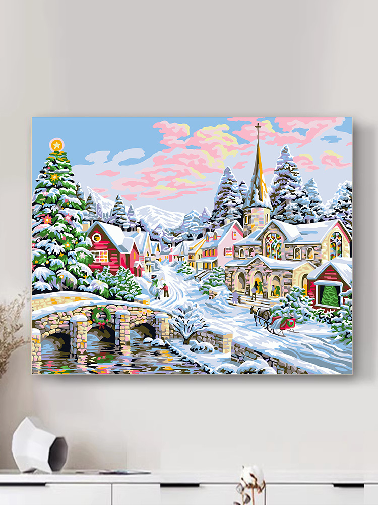 風景diy數字油畫聖誕雪人冬天景色解壓手繪裝飾丙烯油彩畫