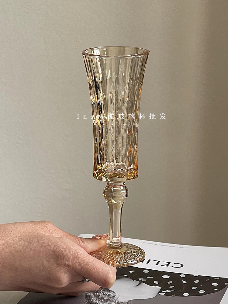 復古風鑽石浮雕玻璃杯透明香檳杯紅酒杯甜酒杯高顏值酒具