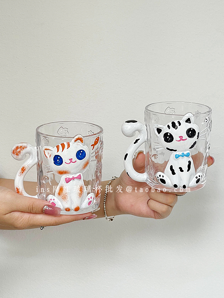 可愛卡通貓咪情侶喝水杯高顏值手繪萌貓玻璃馬克杯300ml通用辦公室水杯
