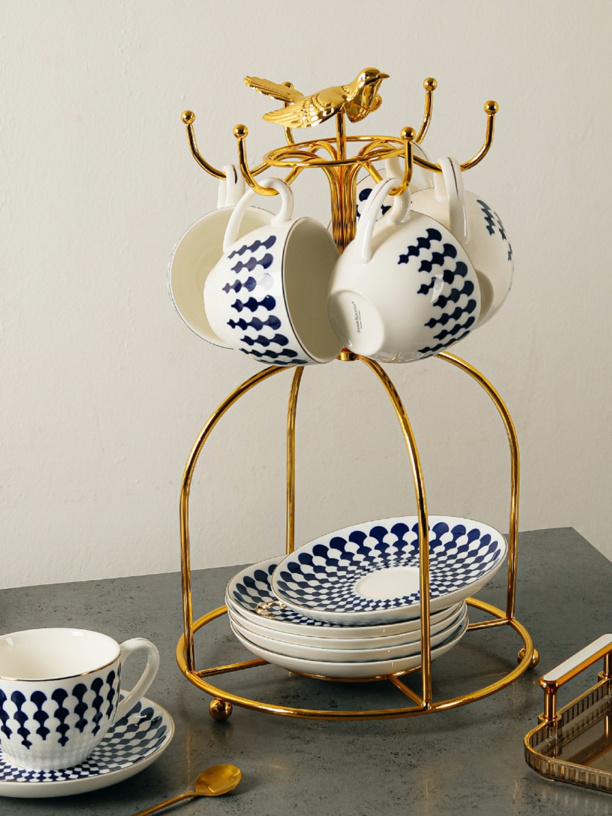 華麗小鳥歐式金色6頭咖啡杯架 金屬北歐風格茶具收納架