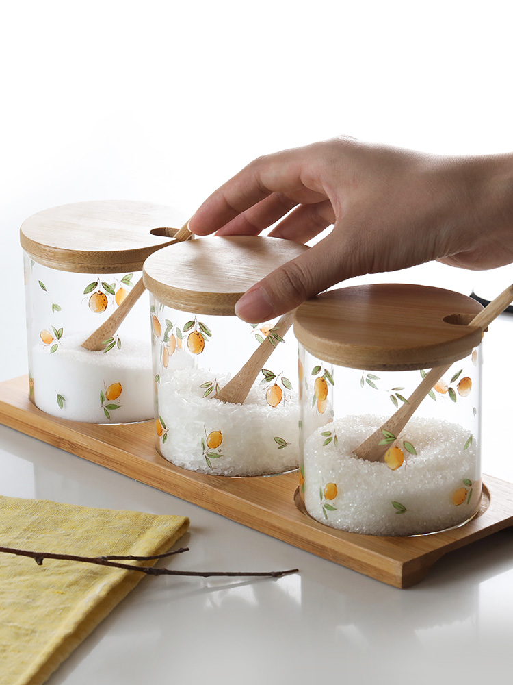 簡約清新北歐風調味罐玻璃罐三件帶勺子加蓋密封廚房調味罐組 (8.3折)