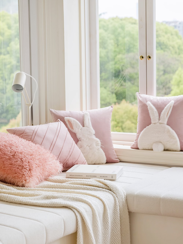 粉嫩兔兔刺繡抱枕 荷蘭絨絨加厚靠墊 輕奢裝飾客廳北歐風