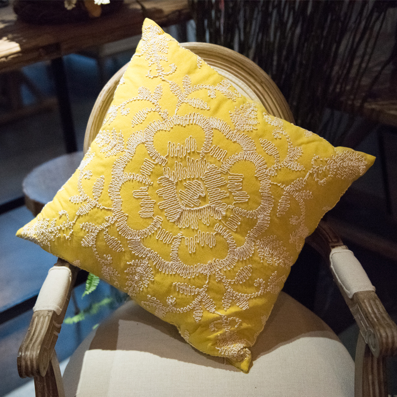 歐式沙發靠墊套黃色北歐風家居靠枕含芯 美式宮廷刺繡粗線繡花抱枕
