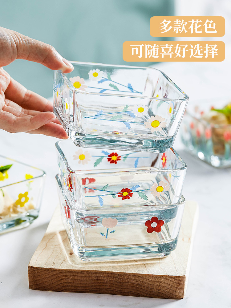 日式 ins 風 4 吋四方玻璃碗 植物花卉創意早餐沙拉碗