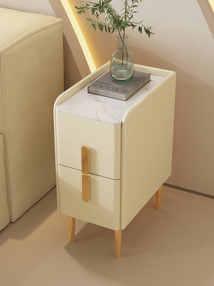 奶油色超窄邊床頭櫃 實木雙門夾縫收納儲物櫃 簡約現代臥室床邊櫃