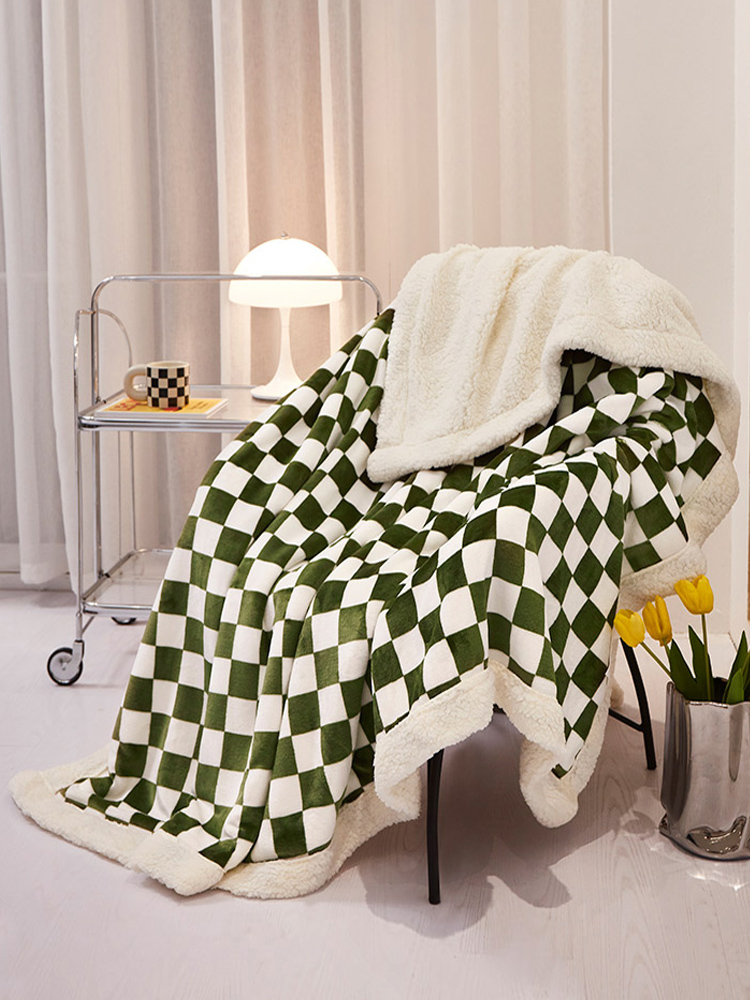 簡約現代棋盤格雙層加厚牛奶絨毯冬季保暖沙發蓋毯