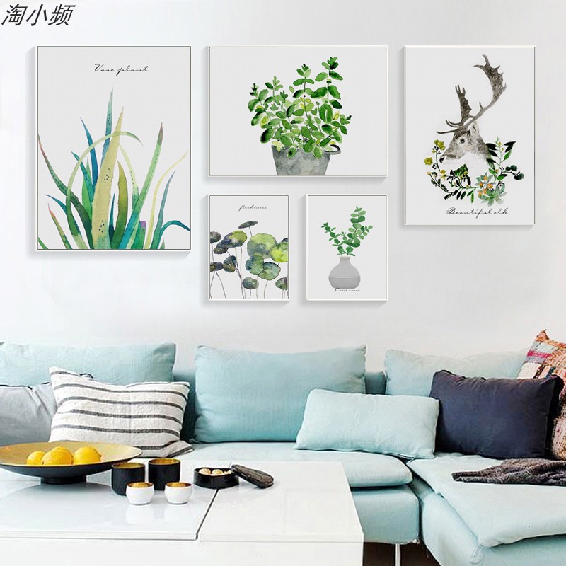 北歐風客廳沙發背景牆裝飾畫植物麋鹿創意組合裝潢畫芯