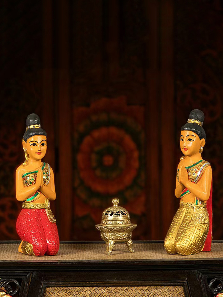 東南亞風情人物擺件柚木材質復古懷舊風格客廳擺放多功能用途