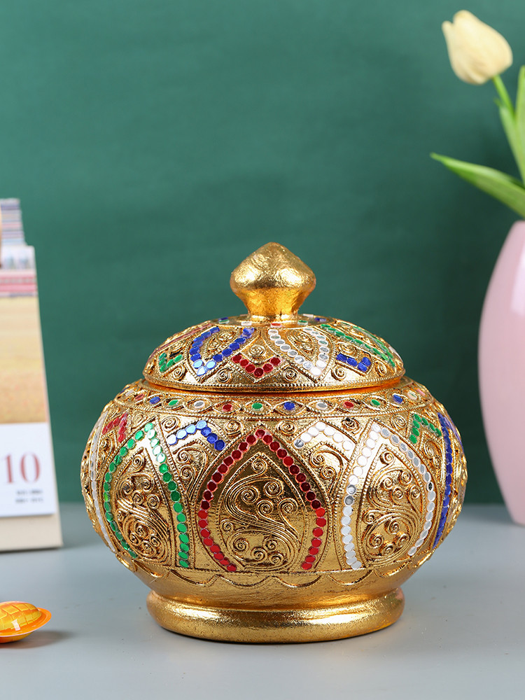 泰國風實木茶几收納罐金色裝飾品罐零食茶葉乾果收納罐 (3折)