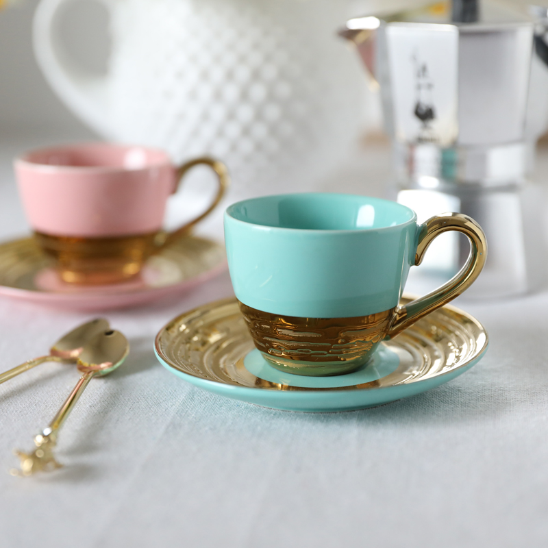歐式風瓷製立體金綠色粉色精緻濃縮咖啡杯碟110ml