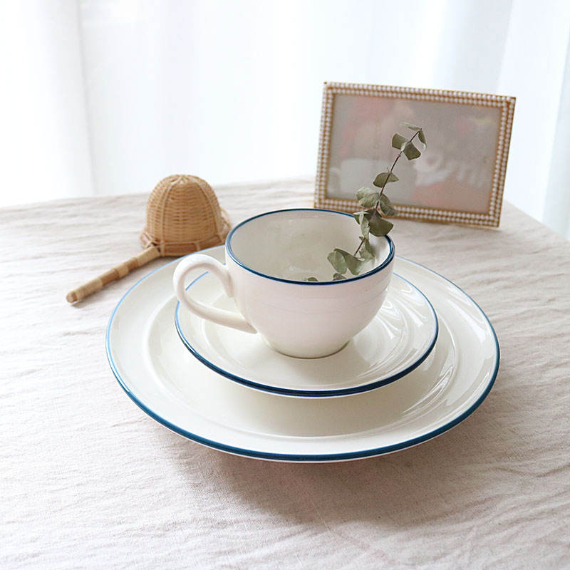 北歐風格復古奶油白藍邊質感咖啡杯碟套裝微瑕疵特價優惠