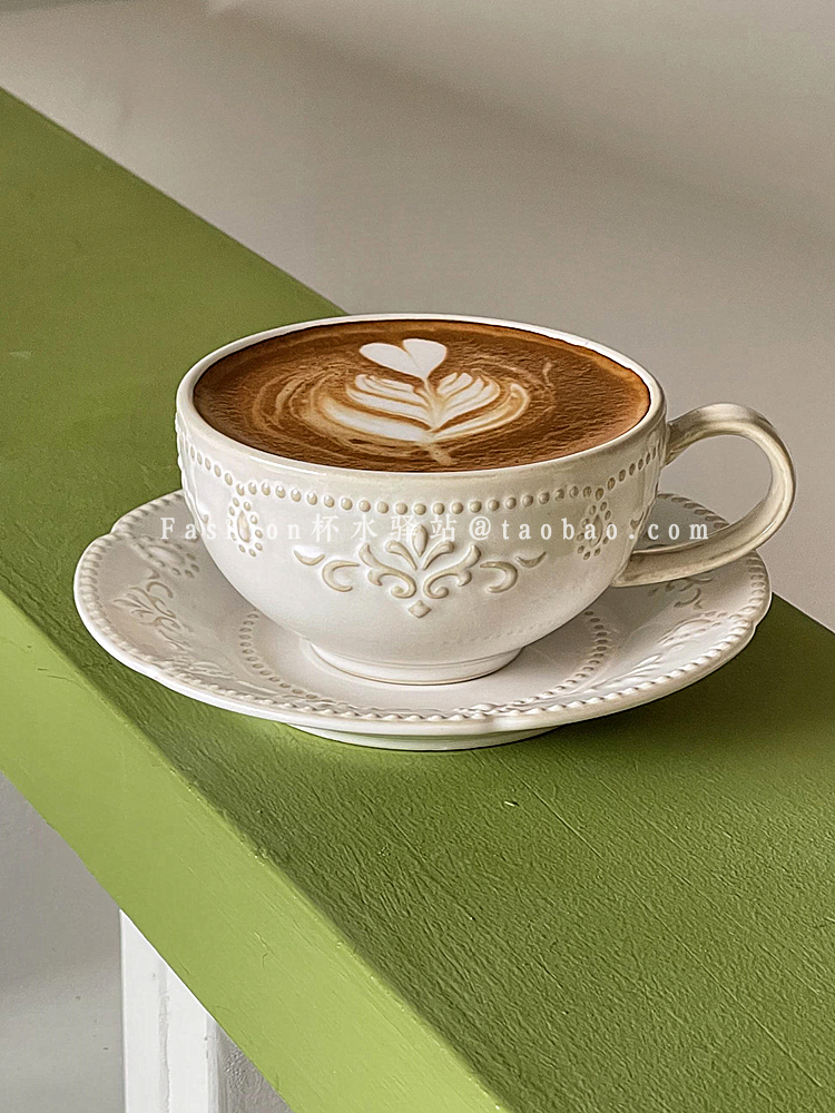 北歐風復古浮雕陶瓷咖啡杯碟組 下午茶拿鐵杯ins復古簡約