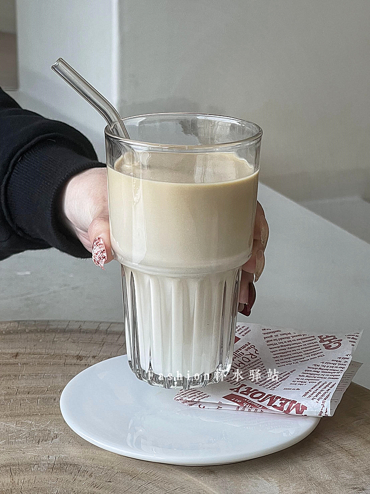 北歐風純色透明玻璃杯商用可疊冰美式咖啡杯480ml大容量