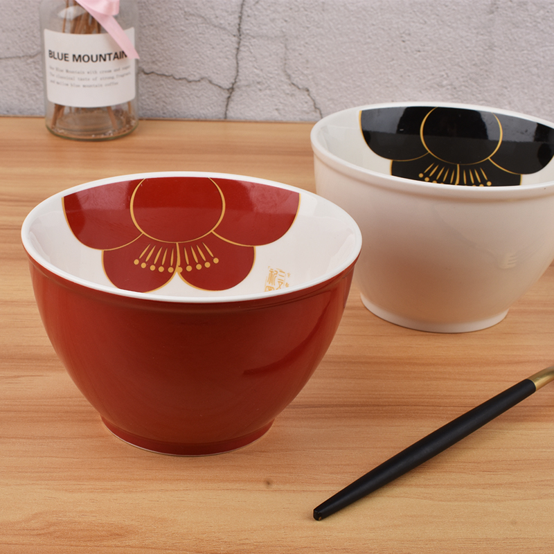 日式斗笠碗 紅白熊貓拉麵碗 手繪花朵陶瓷大碗湯碗