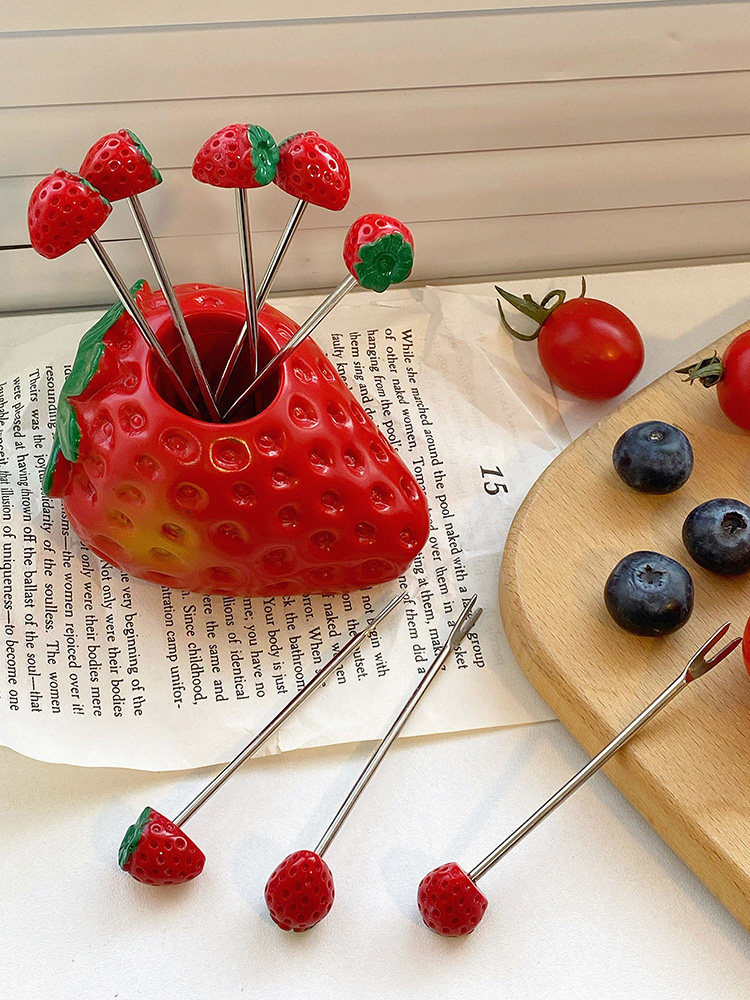 草莓造型水果籤 304不鏽鋼 可愛水果叉 蛋糕甜品點心小叉子果插 (8.4折)