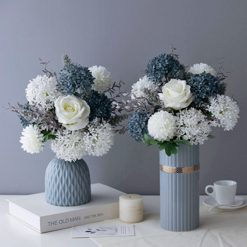 北歐雅緻藍灰色仿真幹永生繡球白玫瑰客廳裝飾擺件餐桌花藝束