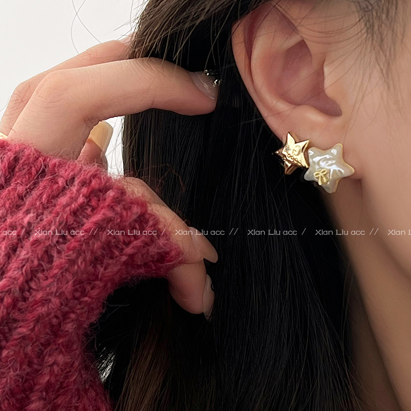 日韓五角星耳釘不對稱珍珠蝴蝶結設計感耳環銀針款清新時尚
