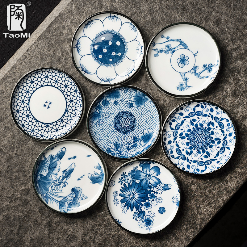 中式古典風格陶瓷杯墊復古青花圖案圓形隔熱墊茶墊功夫茶具配件放置架