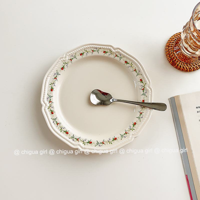 韓國ins風藤條花 法式浮雕餐盤碟子 瓷質 甜品水果盤 復古vintage餐具 韓式圓形 8寸