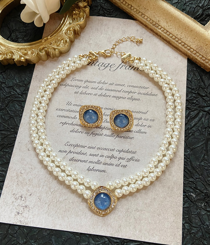 復古宮廷珍珠項鍊禮服女 古董多層合金鑲嵌人工寶石