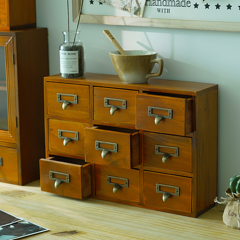 zakka複古做舊木質9格儲蓄櫃多抽屜盒襍物桌麪飾品收納盒小中葯櫃