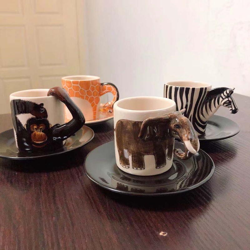 東南亞手繪插畫動物陶瓷咖啡杯碟套裝可愛造型創意禮物