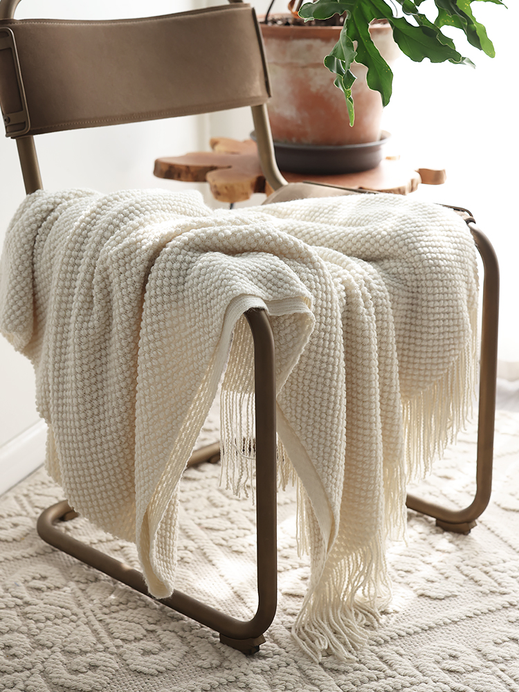 北歐莫蘭迪色針織毯米粒紋新款春夏沙發蓋裝飾毯米白色