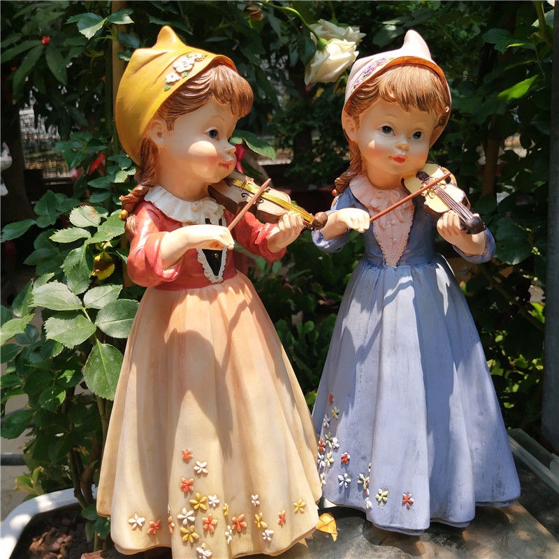 庭園鄉村風樹脂擺件 拉小提琴女孩裝飾品 別墅陽臺戶外創意禮物 (8.3折)