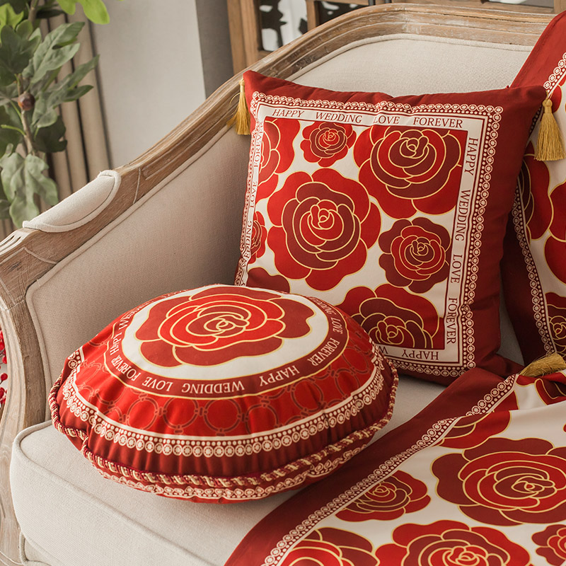 現代輕奢紅泰繡抱枕45cm圓枕靠墊午睡用品日染山茶