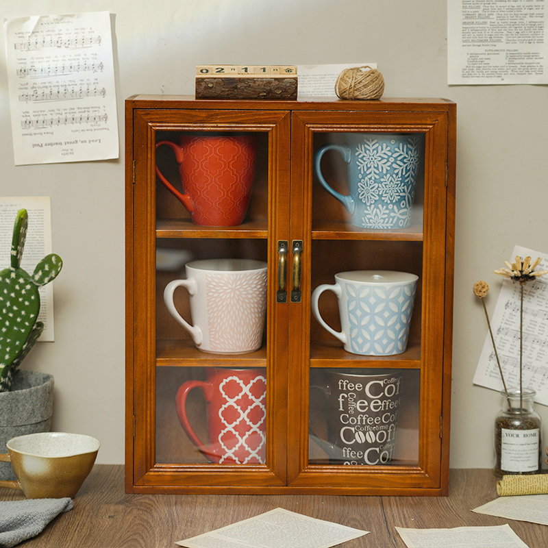 復古風木製桌面收納盒三層設計可放置茶具馬克杯香水等防塵帶門