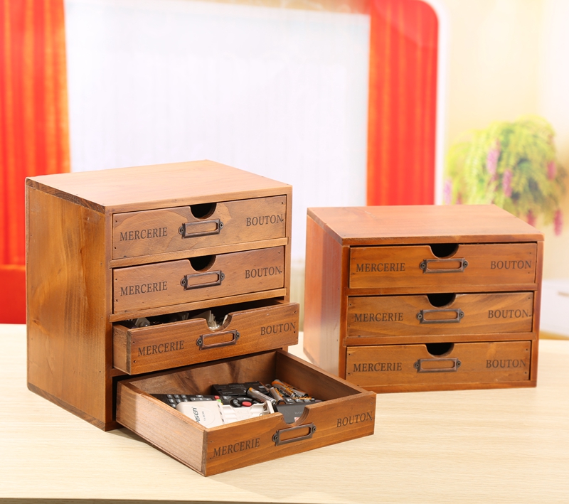 復古風木製桌面收納盒 4層抽屜整理小收納櫃 多功能