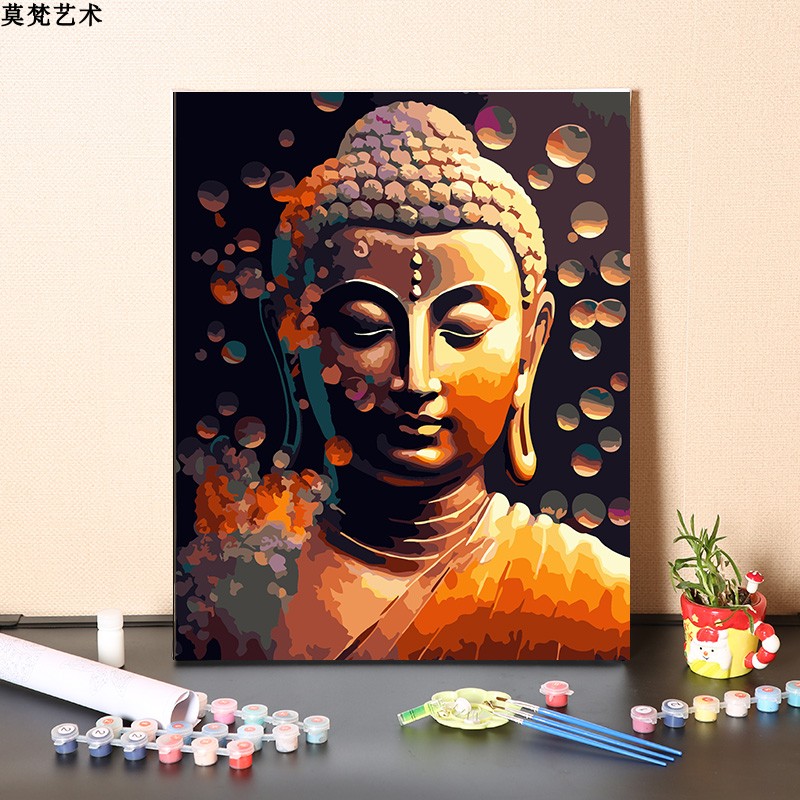 中式蓮花佛像數字油畫丙烯顏料亞麻布材質客廳裝飾手工填色畫 (4.5折)