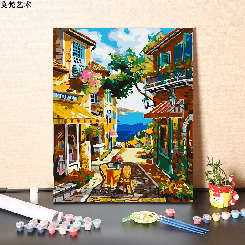浪漫海邊小鎮風景數字油畫 丙烯彩繪 DIY 手工裝飾畫 5065繃好內框 (4.5折)