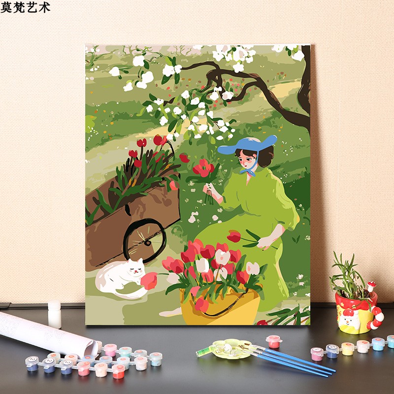 簡約風亞麻數字油畫療癒花園少女與貓咪手繪塗色 (8.3折)
