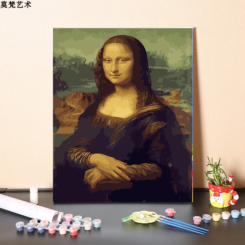 簡約現代數字油畫diy手繪達芬奇蒙娜麗莎的微笑丙烯彩繪亞麻布裝飾畫