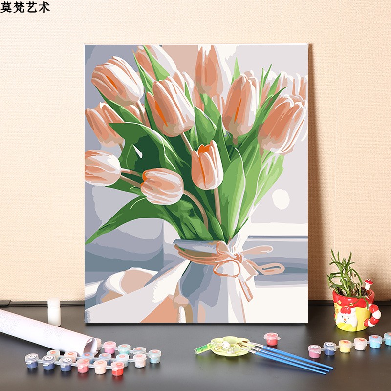 DIY手繪丙烯數字油畫簡約鬱金香花束客廳裝飾 (3.5折)