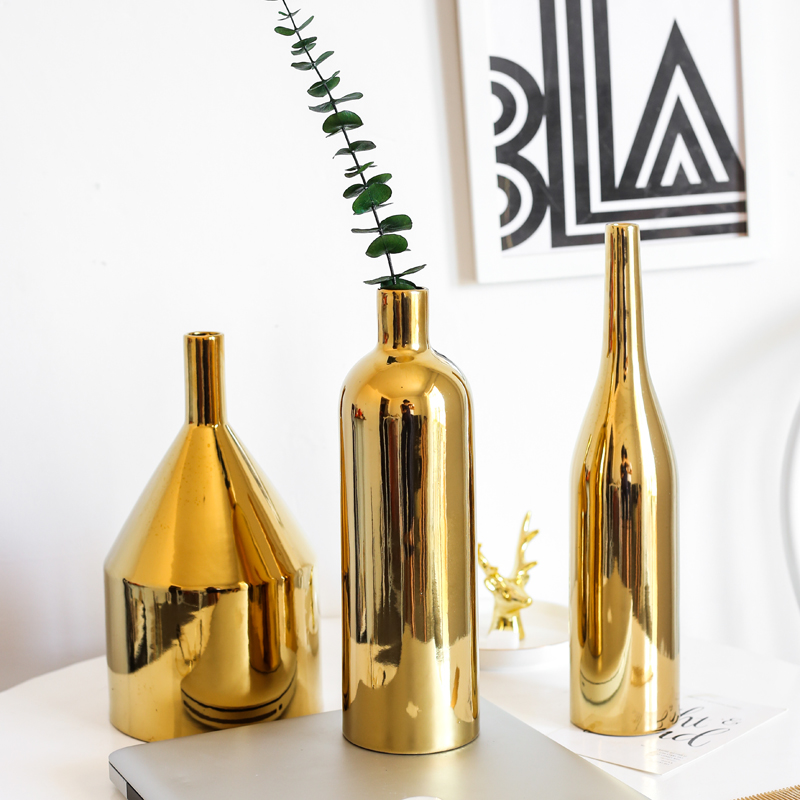北歐金色陶瓷花瓶 簡約家居裝飾客廳中號