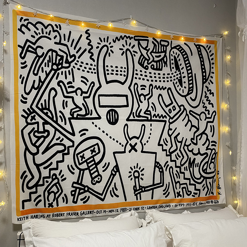Keith Haring美式塗鴉布藝壁毯床頭牆裝飾宿舍掛布客廳背景布 (3折)