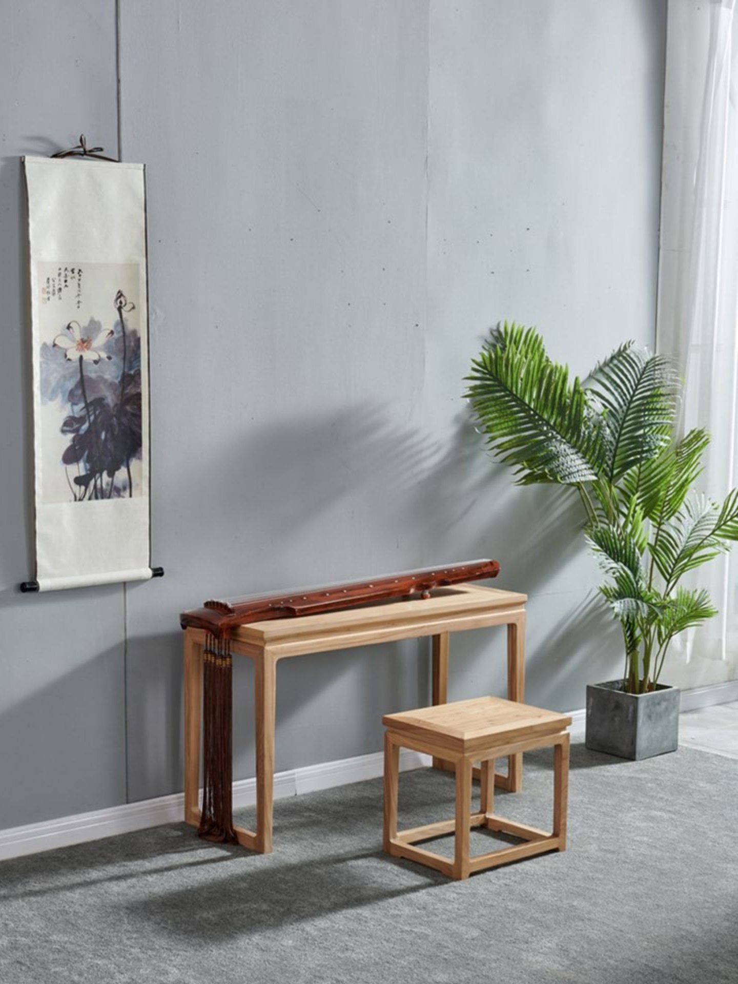老榆木打造古琴桌椅套組簡約新中式風格禪意原木傢俱 (2折)