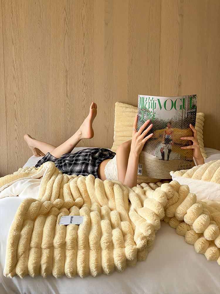 大抽條仿兔毛絨毯 豪華舒適柔軟保暖沙發毯 臥室毯