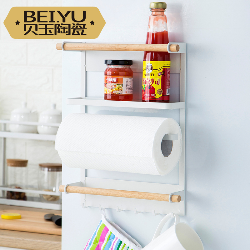 廚房免安裝調味料置物架 貝玉創意鐵藝電鍍白色3層門冰箱側壁餐巾掛架