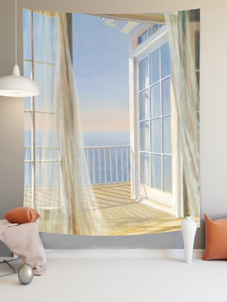 簡約現代風格北歐ins風掛布 窗戶海景風格壁毯 客廳沙發背景裝飾畫