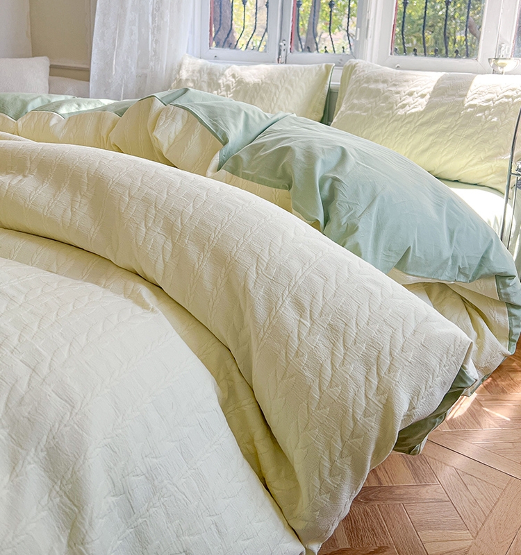 小清新簡約風格水洗棉床單四件套宿舍三件套夏雙拼被套高級純色質感