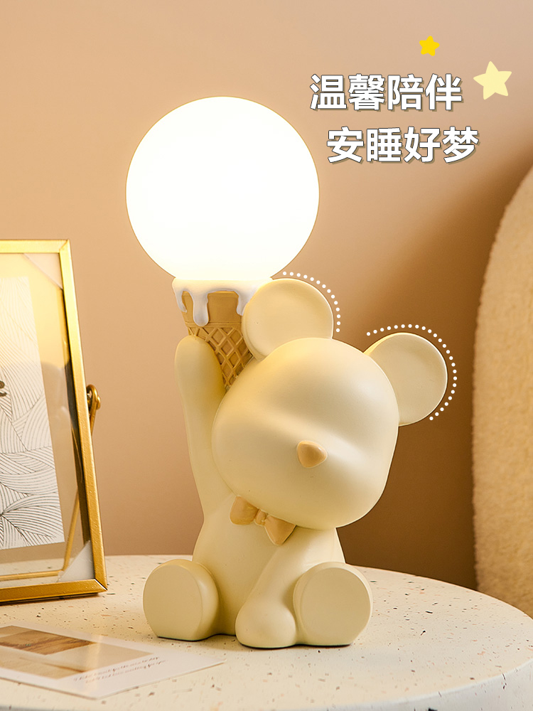 超可愛小熊造型小夜燈樹脂材質新中式風格適用於臥室使用