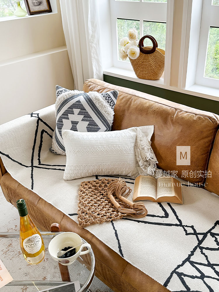 北歐ins流蘇防貓抓通用沙發巾坐墊簡約現代風格棉麻材質適用三人座沙發