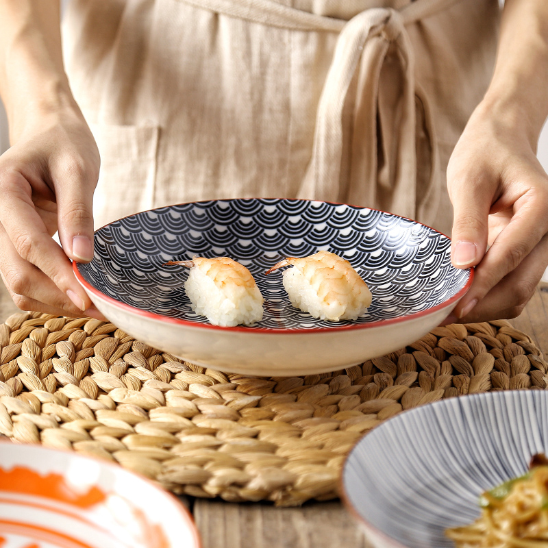 日式創意印彩陶瓷盤 8英寸 家用圓盤 深碟菜盤 釉下彩飯盤 餐具 餐盤