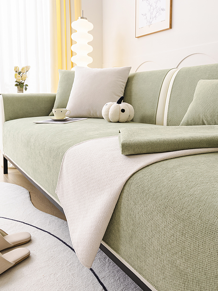 奶油風雪尼爾沙發墊清新綠色四季通用防滑直排雙人位布藝沙發巾