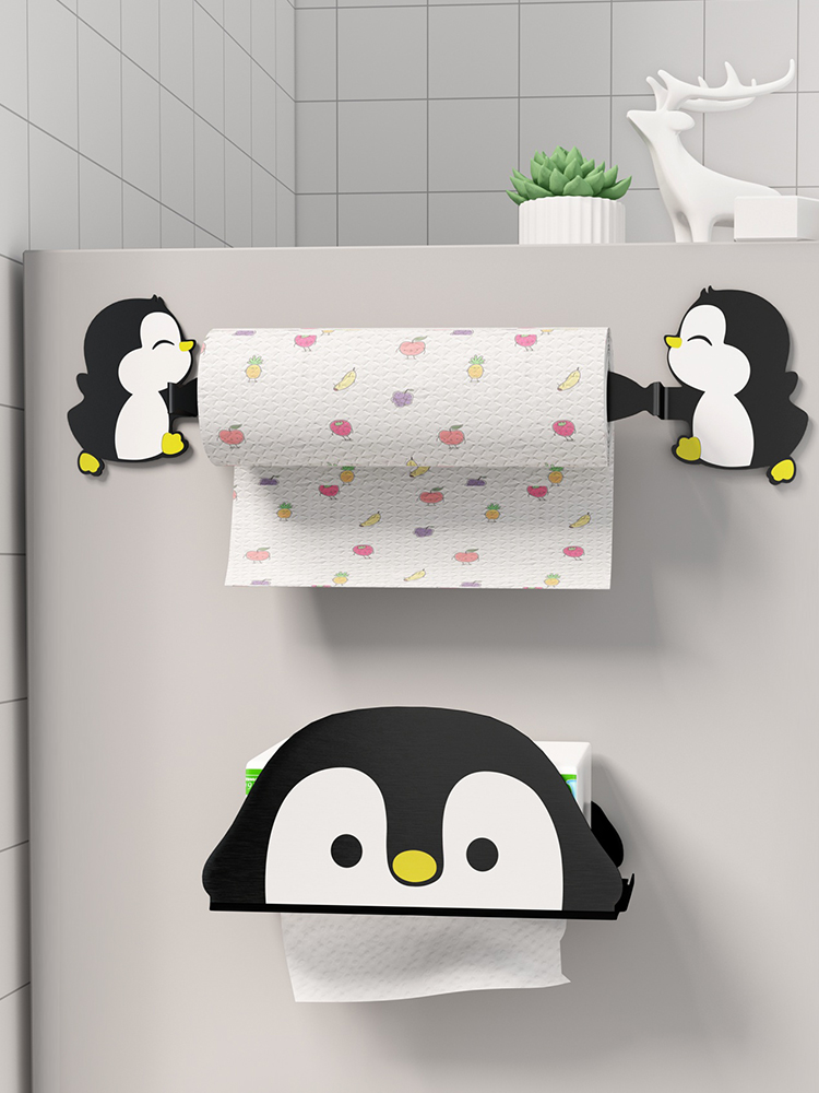 企鵝造型磁吸冰箱置物架 多功能廚房紙巾保鮮膜掛架