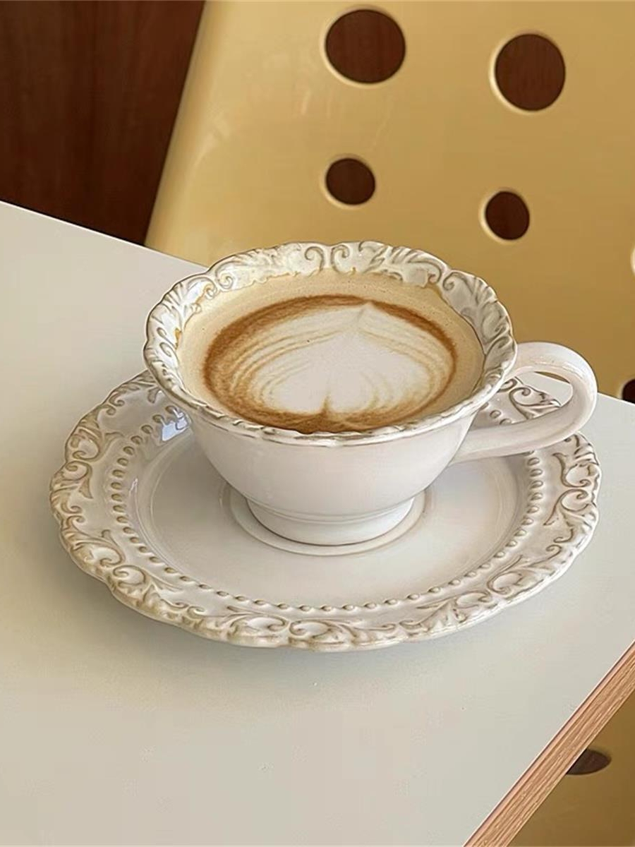 法式輕奢復古浮雕陶瓷杯配碟250ml 下午茶擺拍高顏值咖啡杯